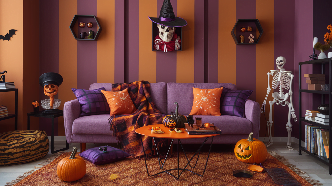 a cozy autumn halloween living room with a purple and orange theme