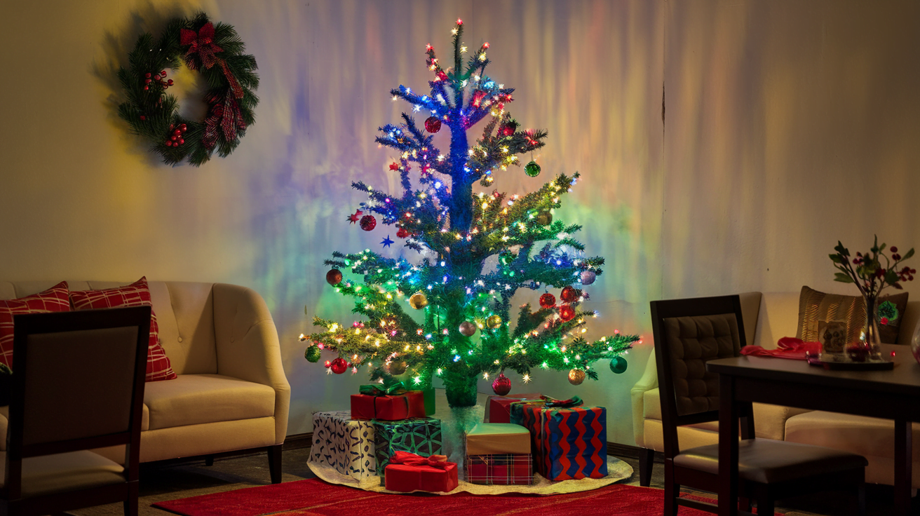 a festive room setting of a 6ft artificial prelit christmas tree