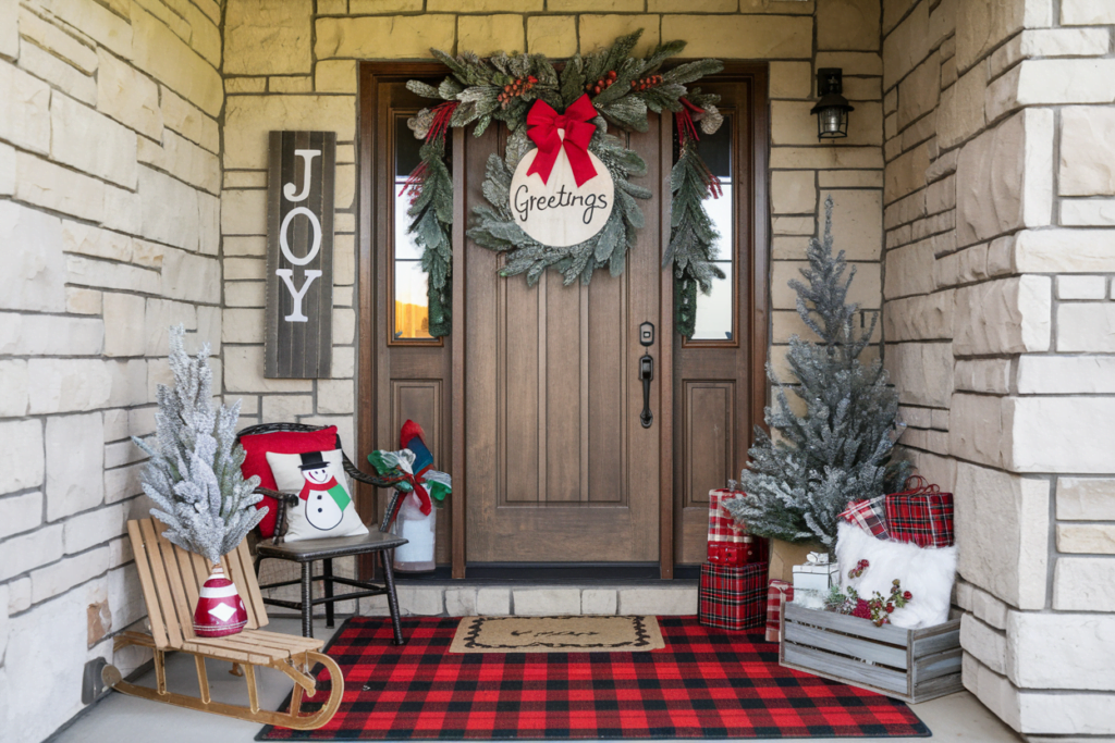 a festive front porch with holiday decorations. The wooden door is the centerpiece, decorated with a circular sign reading 'Greetings'