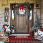 a front porch decorated with a tartan rug and a greetings sign