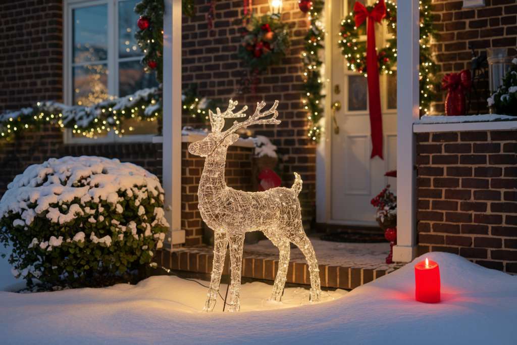 There's a shimmering reindeer decoration illuminated with white lights standing outside the porch.