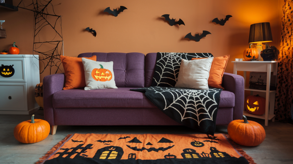 A photo of a cozy Halloween themed living room with a throw, rug, and pillows on the sofa. The room has a purple sofa with orange and white pillows.