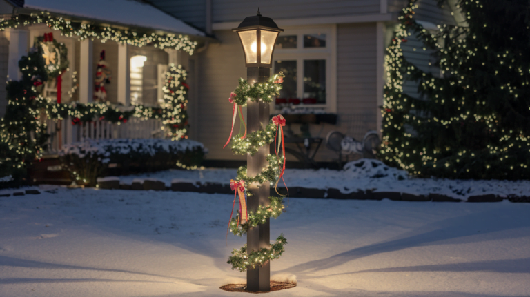 A photo of a tall, lighted Christmas lamppost decorated with ribbons, standing in the front garden.