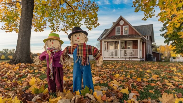 a picturesque fall scene with two wooden scarecrows in the yard