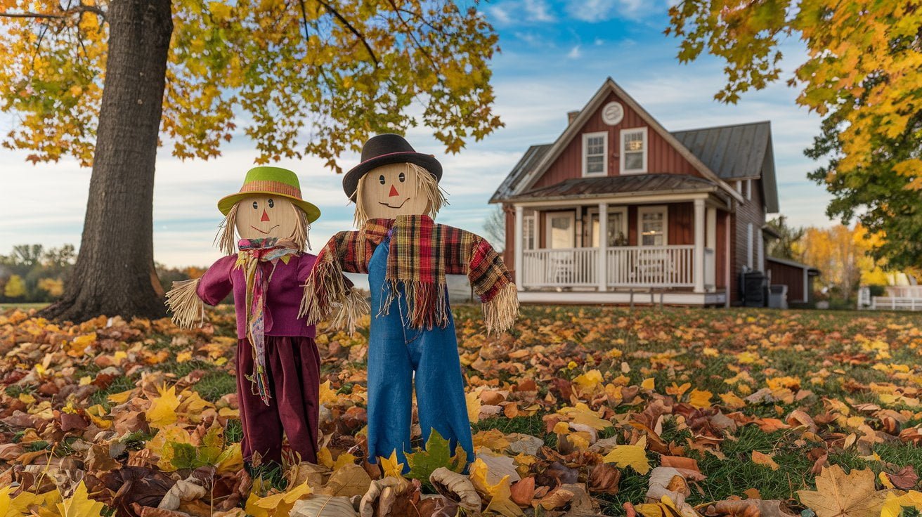 a picturesque fall scene with two wooden scarecrows in the yard