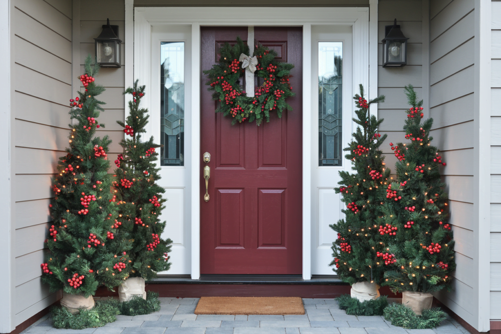 A festive entrance to a house with a deep red wooden door. On either side of the door, there are tall, decorative Christmas trees