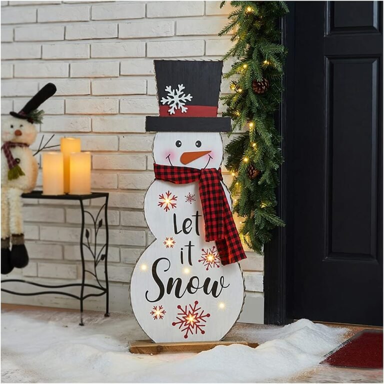 Glitzhome 36" H Lighted Wooden Christmas Snowman Porch Décor Standing Porch Sign Merry Christmas Welcome Sign Holiday Party Outdoor Indoor Xmas Decorations