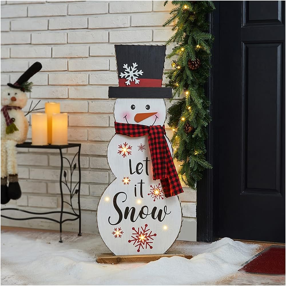Glitzhome 36" H Lighted Wooden Christmas Snowman Porch Décor Standing Porch Sign Merry Christmas Welcome Sign Holiday Party Outdoor Indoor Xmas Decorations