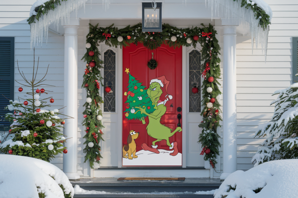 The red door is adorned with a vibrant illustration of the Grinch, Max, and a Christmas tree.