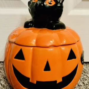 Halloween Black Cat Pumpkin Cookie Jar