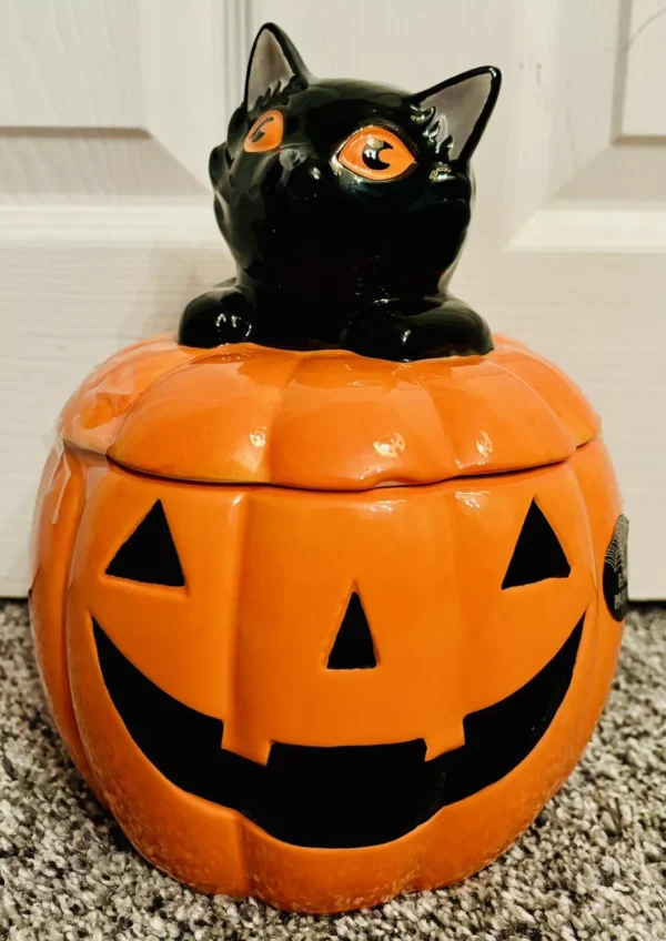 Halloween Black Cat Pumpkin Cookie Jar