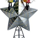 Decorative metallic star showcasing Disney-themed mice figurines, perfect for holiday decorations and festive displays, featuring colorful presents and a whimsical design.