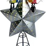 Decorative metallic star showcasing Disney-themed mice figurines, perfect for holiday decorations and festive displays, featuring colorful presents and a whimsical design.