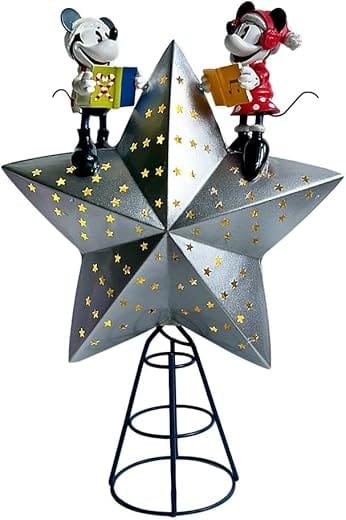 Decorative metallic star showcasing Disney-themed mice figurines, perfect for holiday decorations and festive displays, featuring colorful presents and a whimsical design.