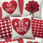 Assorted Valentine-themed pillow covers featuring heart designs and floral patterns, perfect for adding a romantic touch to your home decor.