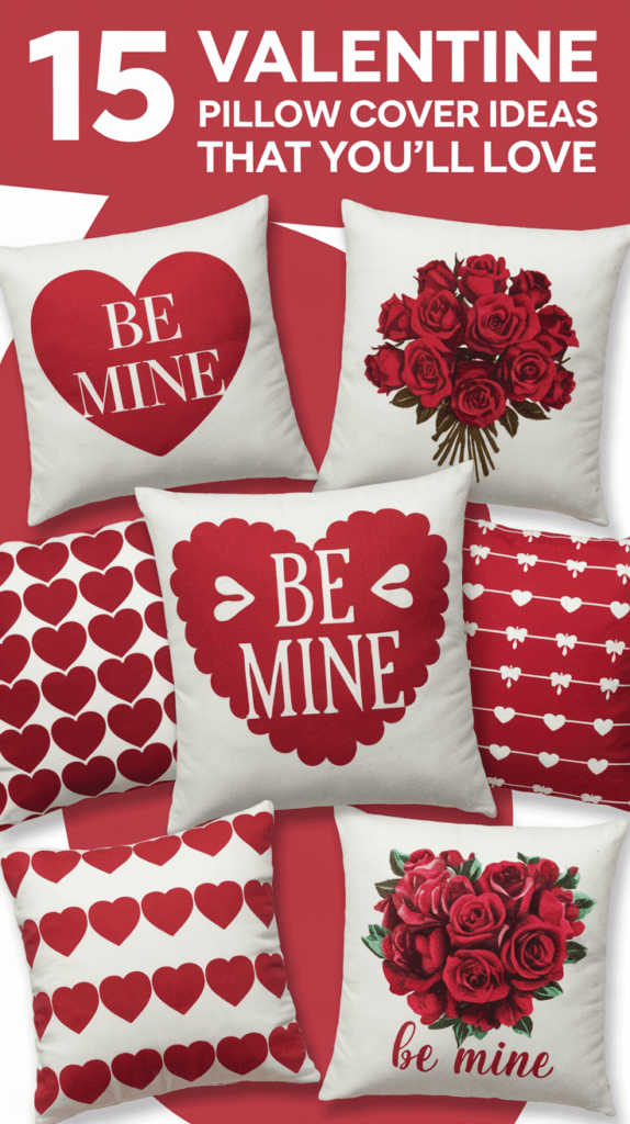 Assorted Valentine-themed pillow covers featuring heart designs and floral patterns, perfect for adding a romantic touch to your home decor.