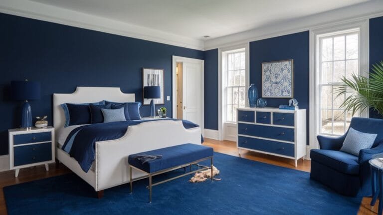 Modern bedroom design featuring a navy blue color scheme, elegant bed, stylish furnishings, and natural light from large windows for a serene atmosphere.