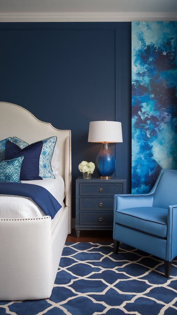 Modern bedroom interior design featuring a navy blue accent wall, a plush bed with decorative pillows, a stylish nightstand with a lamp, and a comfortable blue armchair on a geometric patterned rug. The artwork adds a vibrant touch to the space.