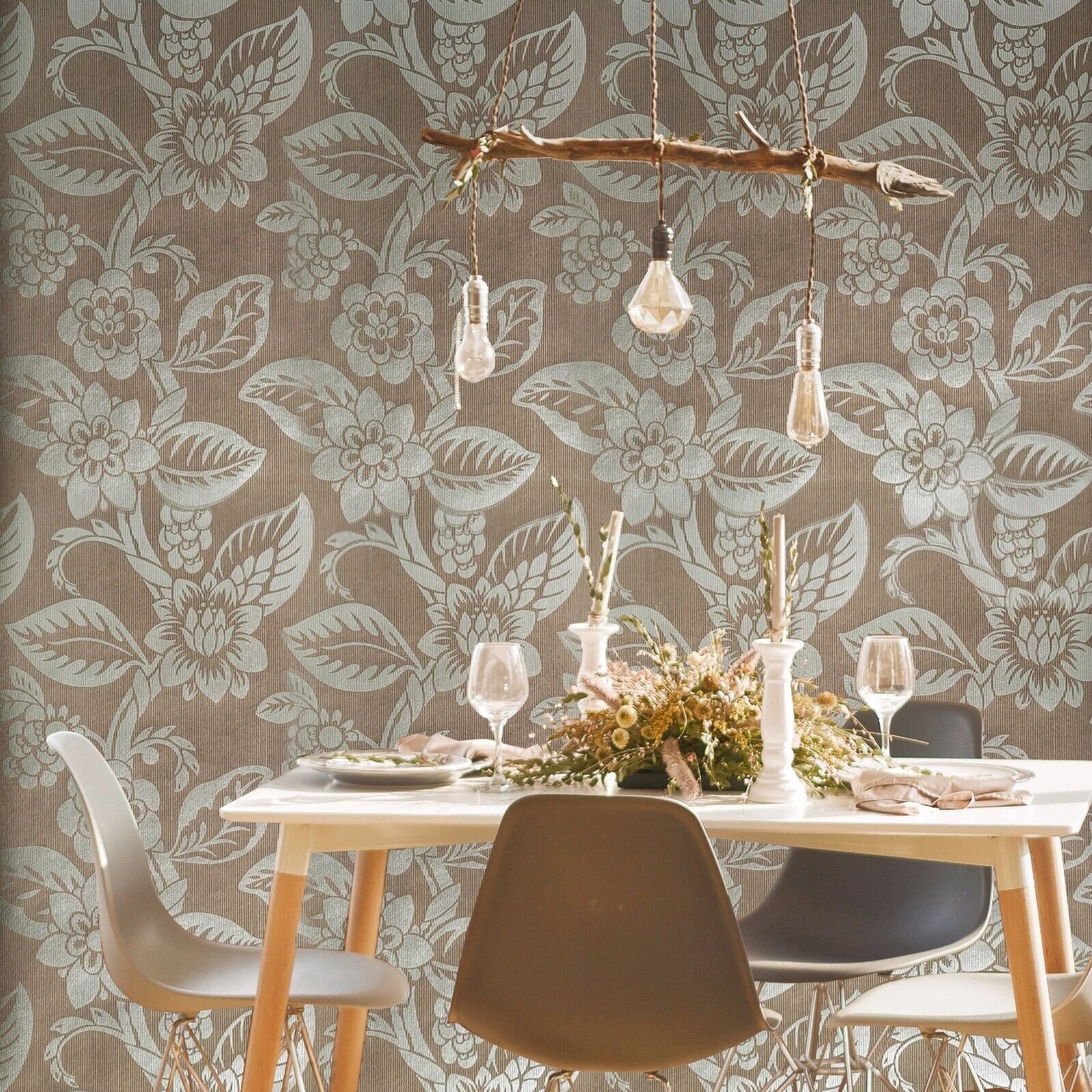 Floral Retro Victorian non-woven Wallpaper brown silver metallic wallcoverings