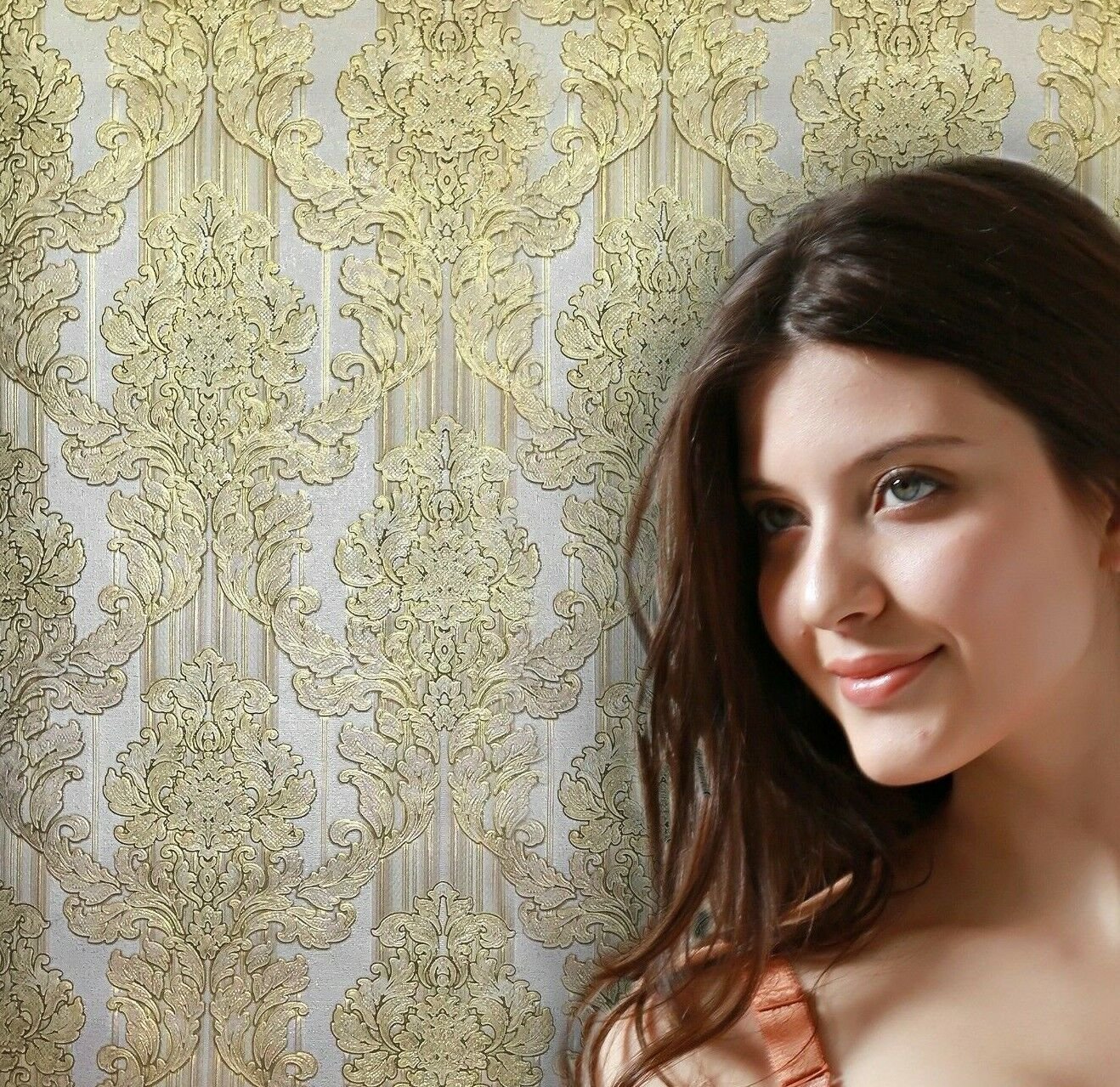 Paper Wallpaper double roll Victorian vintage retro damask yellow gold textured