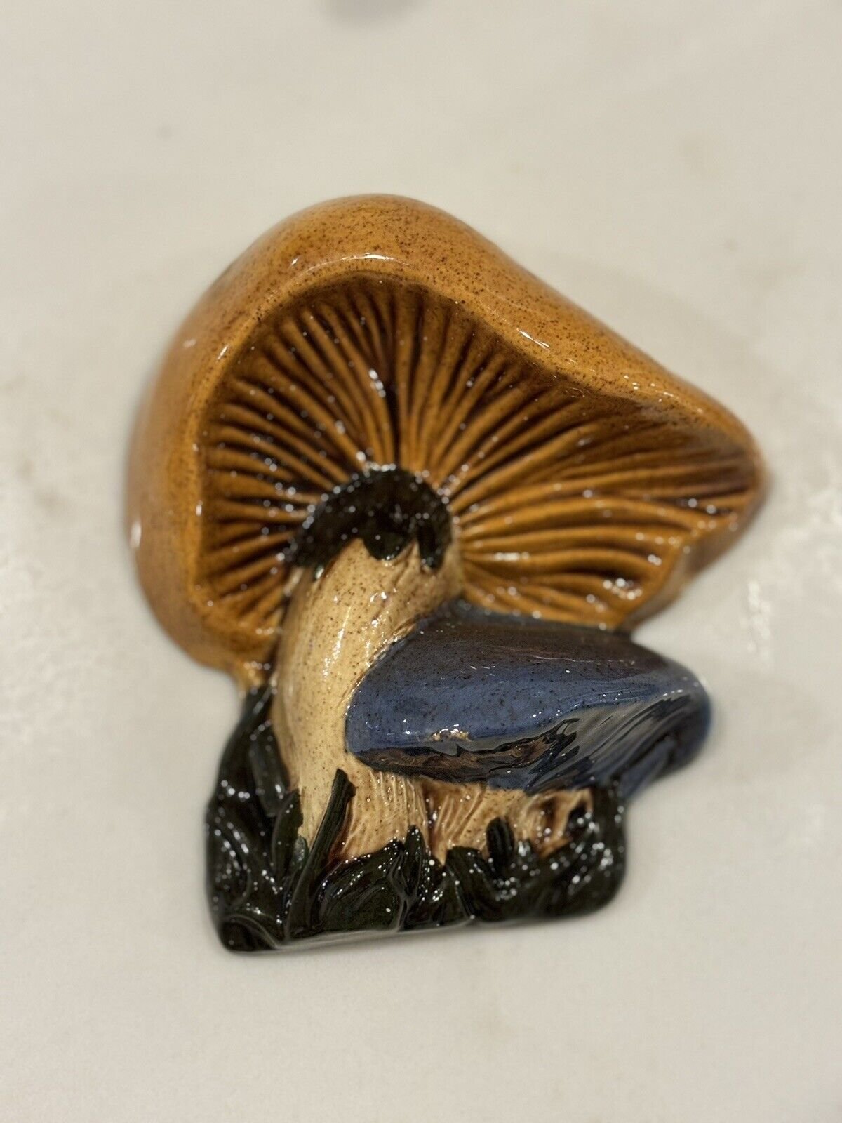 Vintage 1970's Duncan Ceramic Mushrooms Cottagecore Retro Wall Hanging Blue