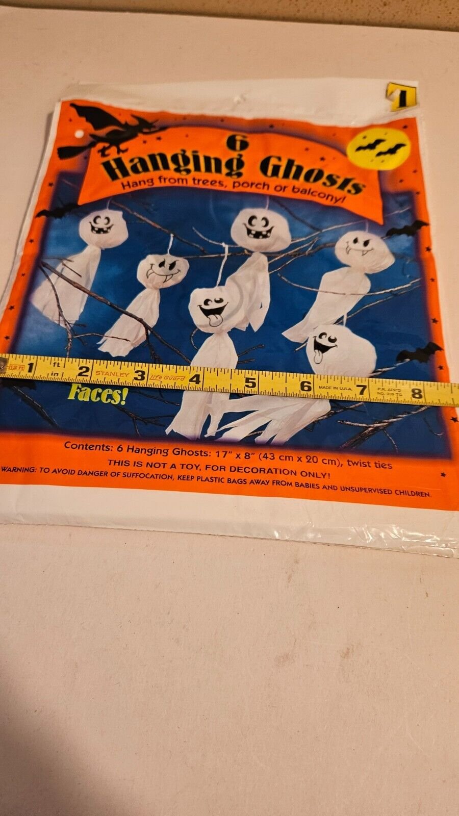 Vintage 90s Y2K Halloween 6 Hanging Ghosts Yard Tree Decorations NEW In Package