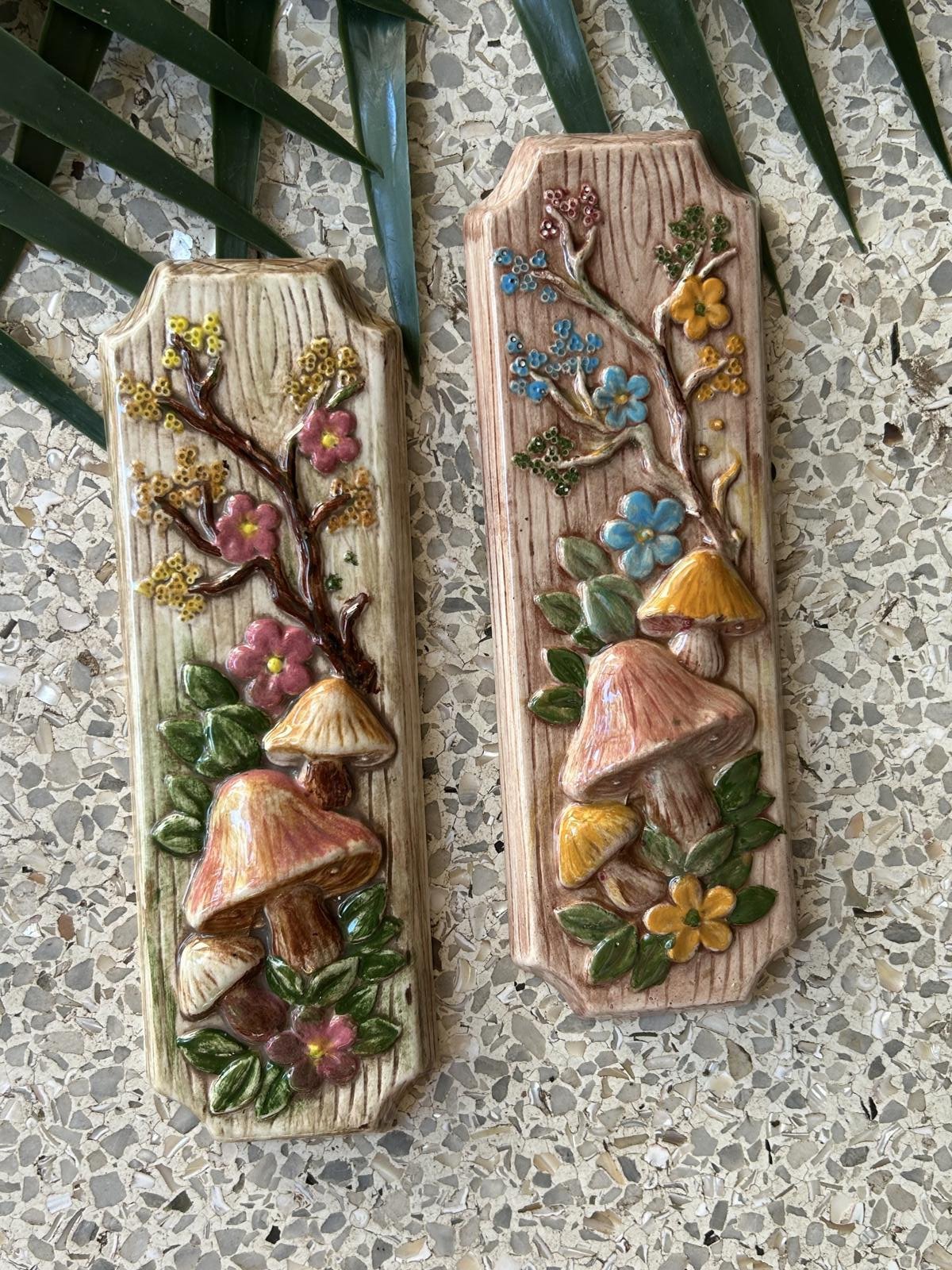 Vintage Ceramic Colorful Mushroom Plaque Wall Decor Set