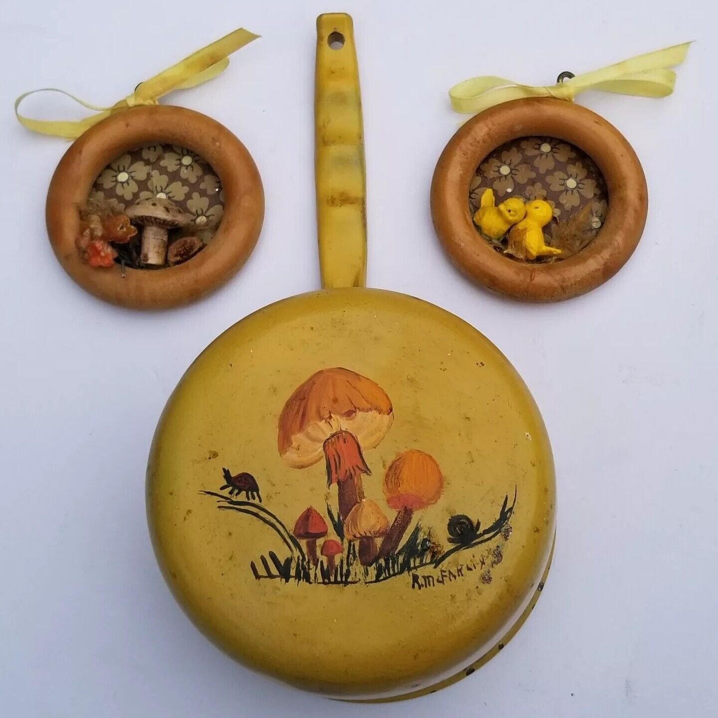 Vintage Mushroom Wall Decor 3PC Painted Enamel Pot Handmade Ornament 1960s 1970s