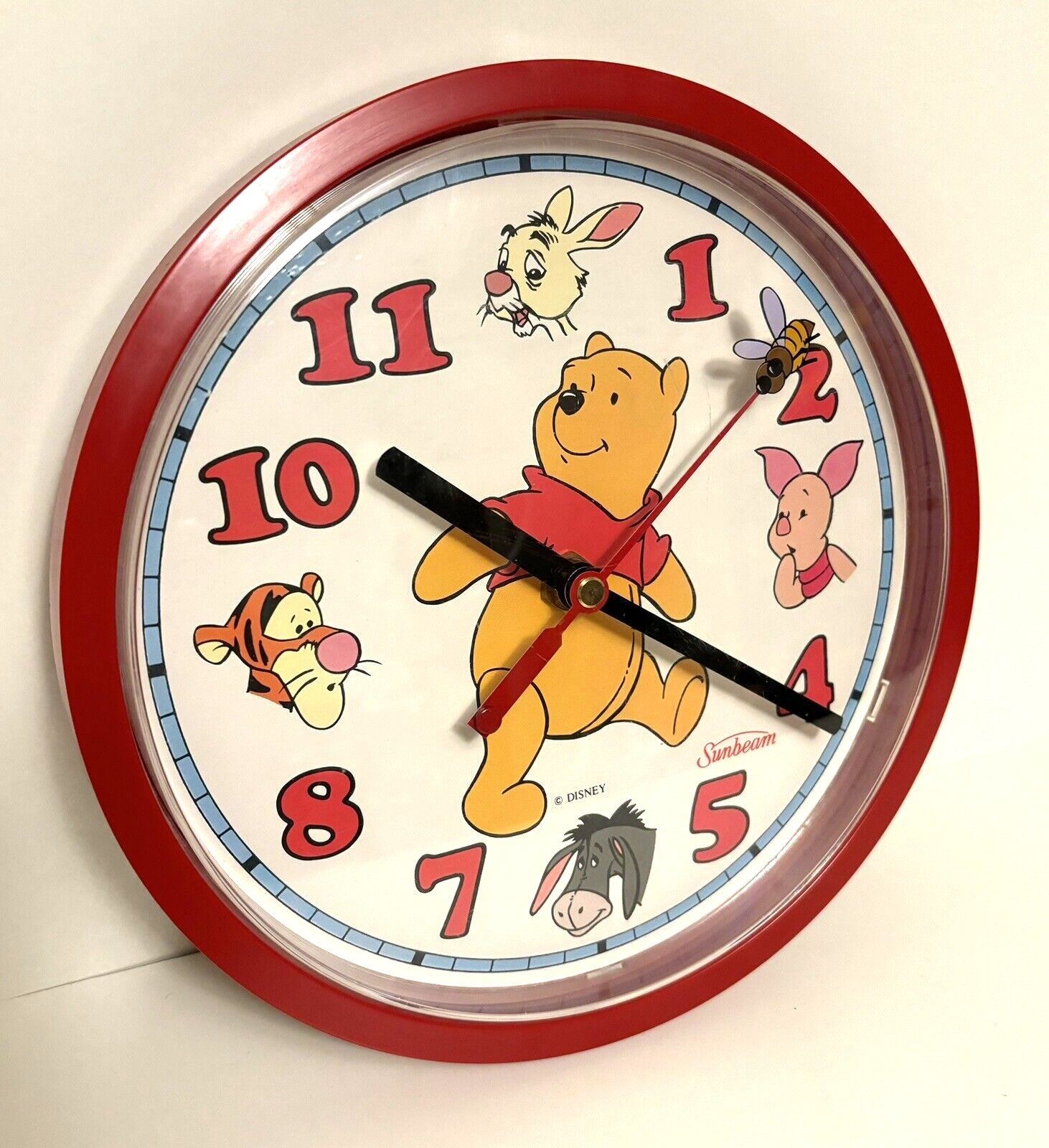 Vintage Red Winnie The Pooh Wall Clock Disney Quartz Sunbeam Tested Works 90's
