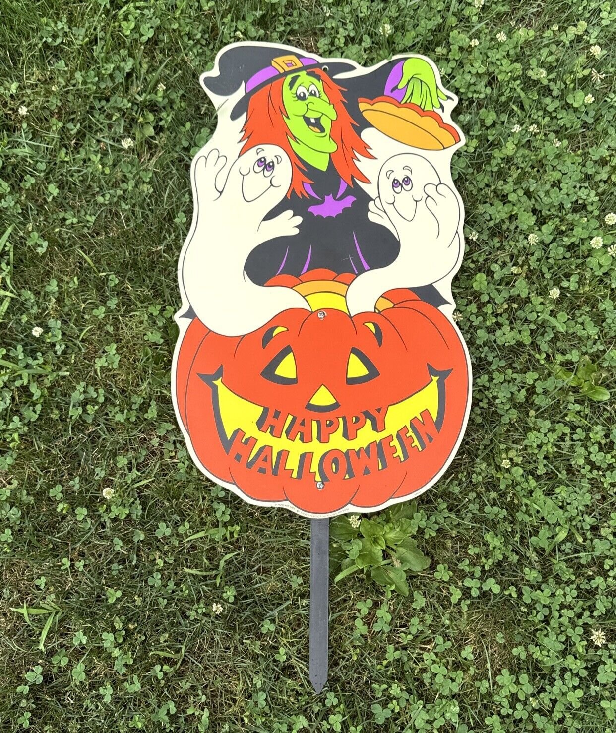 VTG 90s Impact Plastic Halloween Yard Art Stake Sign Decoration Witch & Ghosts