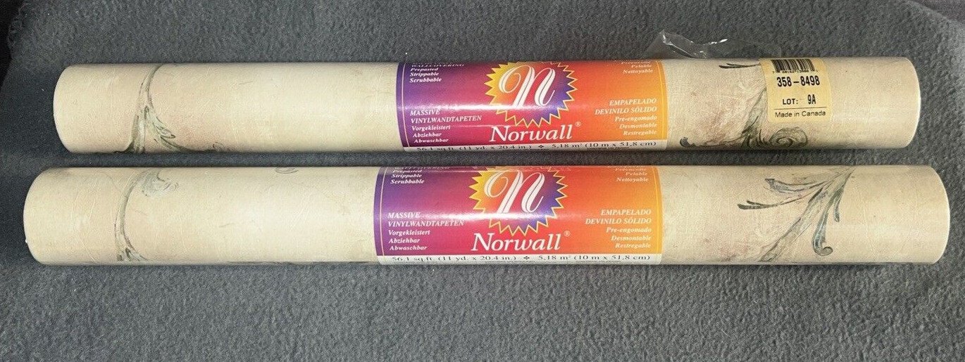 VTG Norwall Vinyl Prepasted Wallpaper Victorian Floral Scroll Pattern 2 Rolls