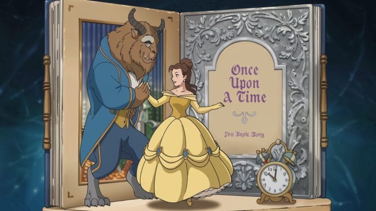 Animated scene depicting Belle in a yellow gown and the Beast beside an open storybook titled "Once Upon A Time." Symbolizes classic fairy tale theme.