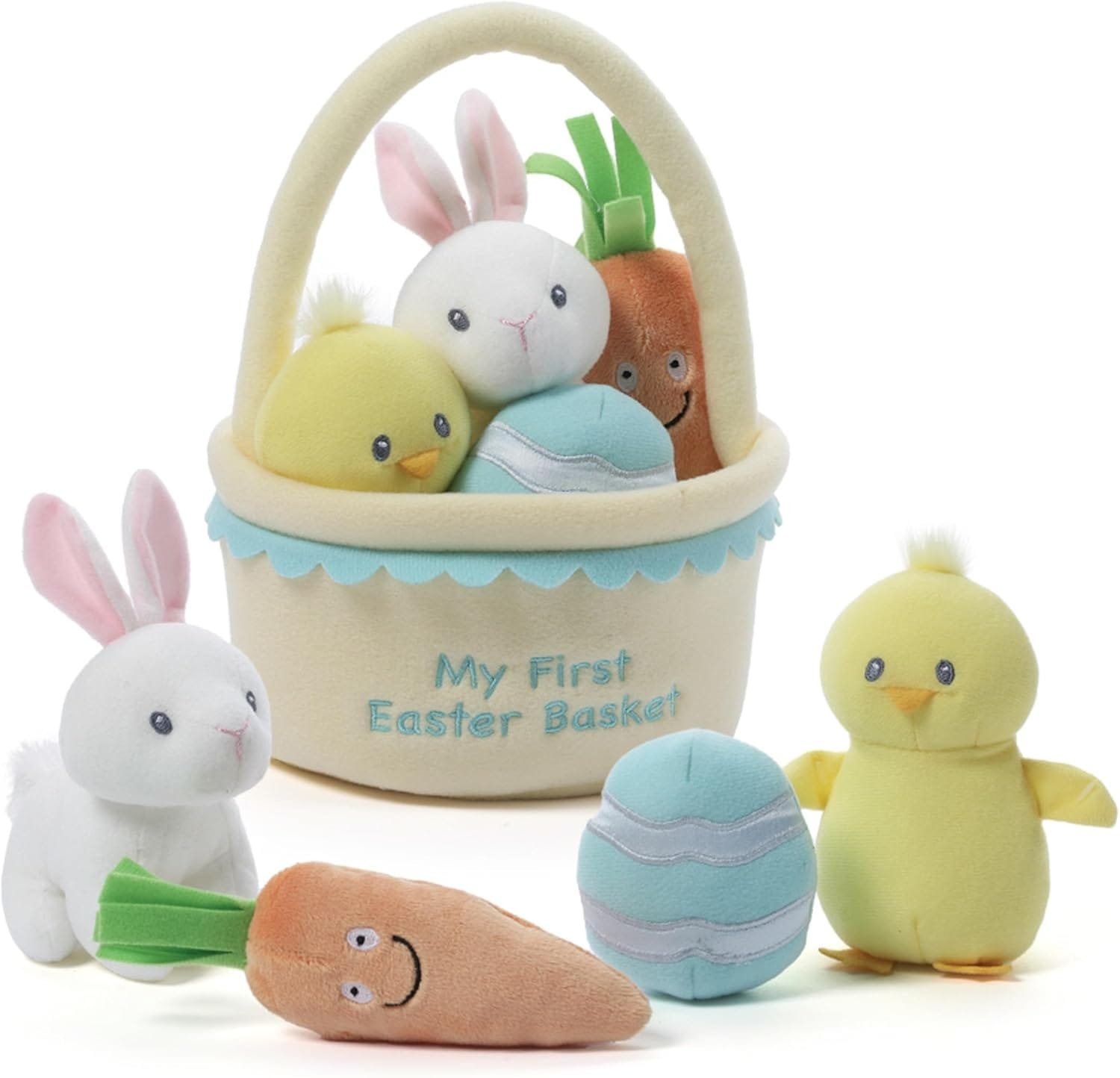 Plush Easter basket filled with cute animals, including bunnies, a chick, a carrot, and pastel eggs, perfect for toddlers' first Easter celebrations.