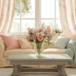 Cozy living room with floral curtains, a stylish couch, decorative pillows, and a vibrant flower arrangement on a rustic coffee table. Natural light enhances the aesthetic.