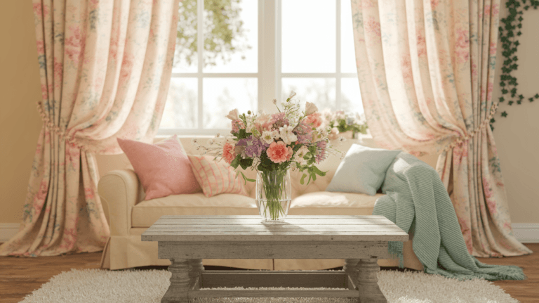 Cozy living room with floral curtains, a stylish couch, decorative pillows, and a vibrant flower arrangement on a rustic coffee table. Natural light enhances the aesthetic.