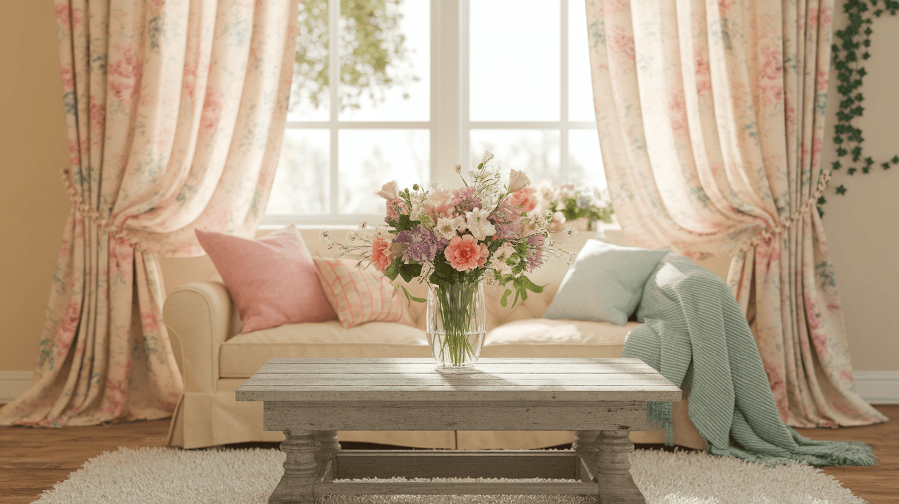 Cozy living room with floral curtains, a stylish couch, decorative pillows, and a vibrant flower arrangement on a rustic coffee table. Natural light enhances the aesthetic.