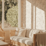 Bright, cozy living room with rattan furniture, plush cushions, and floral wallpaper, featuring sunlight streaming through large windows onto a warm, inviting atmosphere.