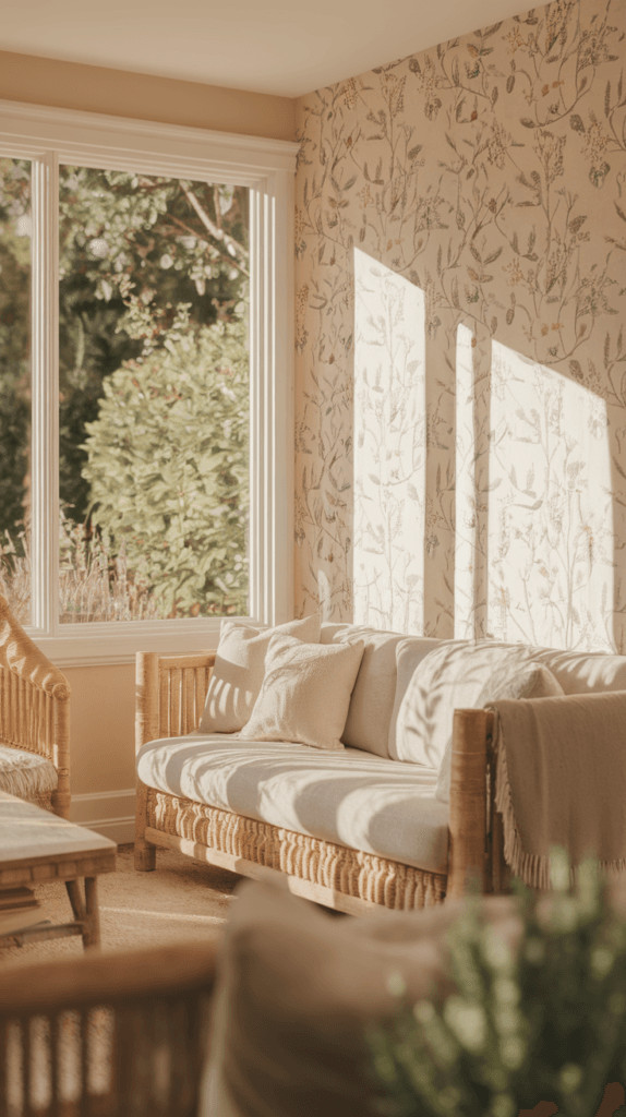 Bright, cozy living room with rattan furniture, plush cushions, and floral wallpaper, featuring sunlight streaming through large windows onto a warm, inviting atmosphere.