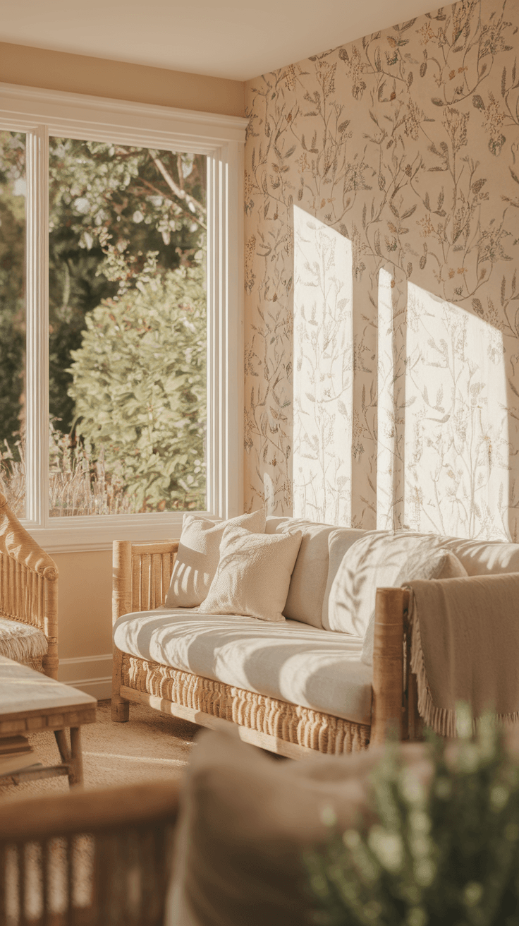 Bright, cozy living room with rattan furniture, plush cushions, and floral wallpaper, featuring sunlight streaming through large windows onto a warm, inviting atmosphere.