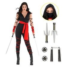 Women`s Black & Red Ninja Costume Ladies Warrior Fancy Dress Jumpsuit Halloween