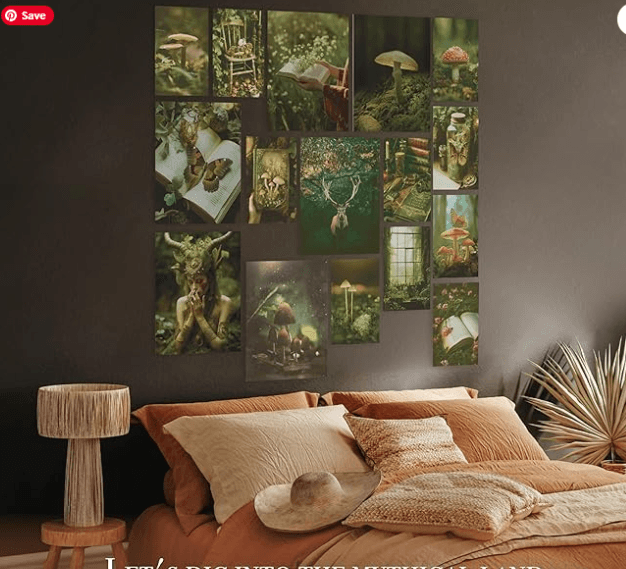 Wall art collage featuring nature-inspired illustrations, including mushrooms, deer, and ethereal themes, displayed above a cozy, well-decorated bed.