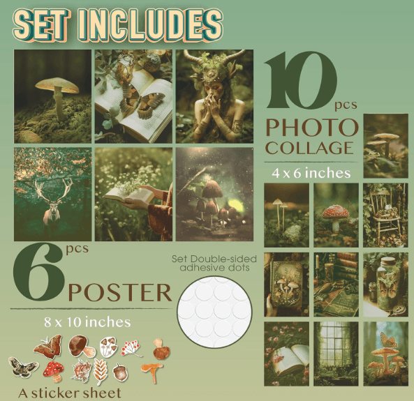 Nature-themed photo collage set including 10 photos, 6 posters, and a sticker sheet. Perfect for home decor and creative projects.