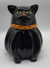 Magenta Black Cat Cookie Jar Orange Polka-dot Collar Halloween Chipped 10” Tall