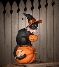 Bethany Lowe Black Cat Witch on Pumpkin Halloween Decor Figure TD4155