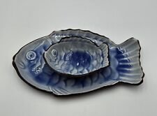 Vintage Japanese Pottery Fish Plate With Dipping Bowl, Blue, Ceramic, 9"x5"