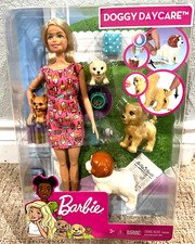 Barbie Doggy Daycare Doll And Playset, Blonde Hair with 2 Dogs & 2 Puppies NEW