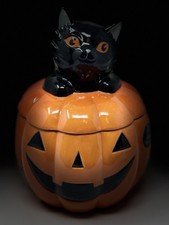 Halloween Black Cat Pumpkin Cookie Jar Canister Cobwebs & Cauldrons Hand painted