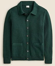 J Crew Cardigan Sweater Mens Green Polo Collar Warm Christmas Moss Stitch