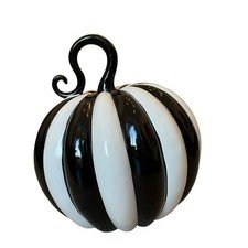 Modern Black & White Striped Pumpkin 12in Chic Fall Designer Home Decor NEW