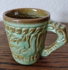 Vintage Frankoma Pottery Handled Cup / Mug Mayan Aztec Prairie Green 7CL
